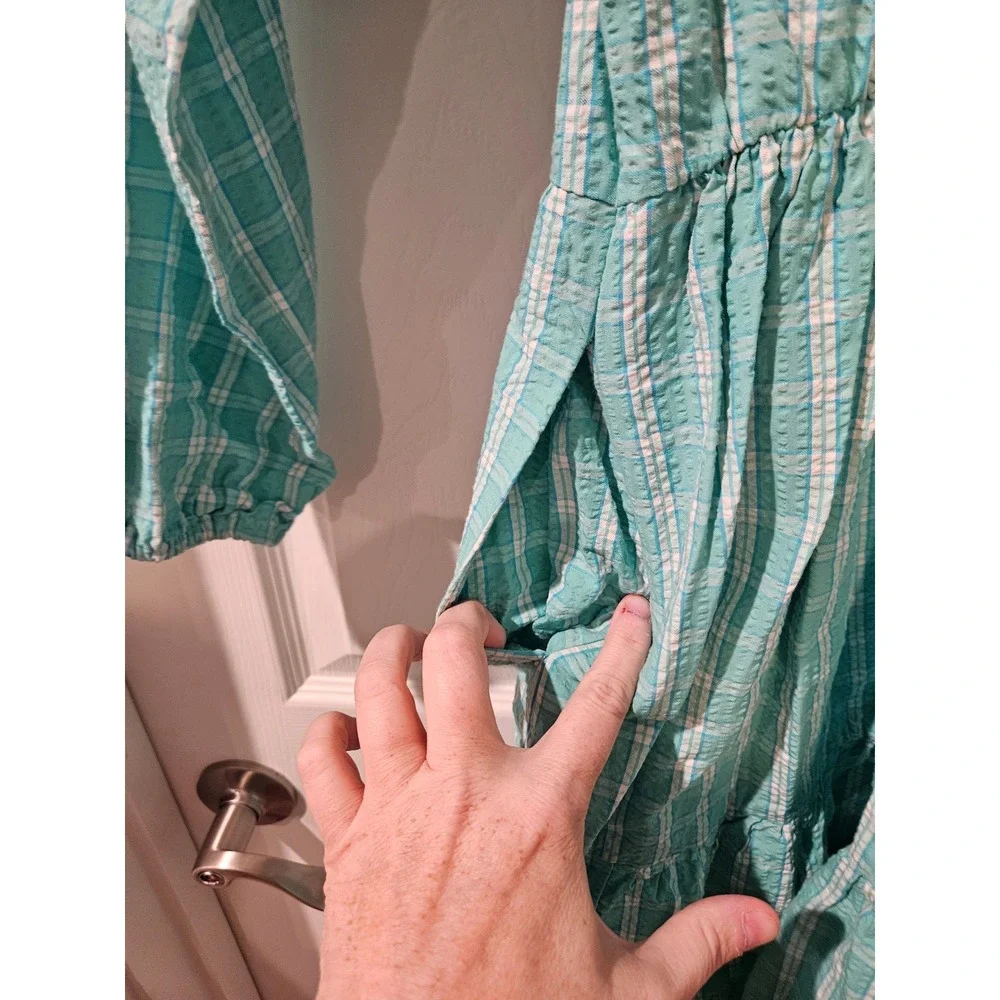 J.Crew Seersucker‎ Ruffleneck Mini Dress Womens 6 Green Plaid Cotton Long Sleeve